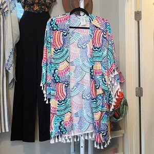 La Blanca Multicolor Fan-Print Kimono with Fringe